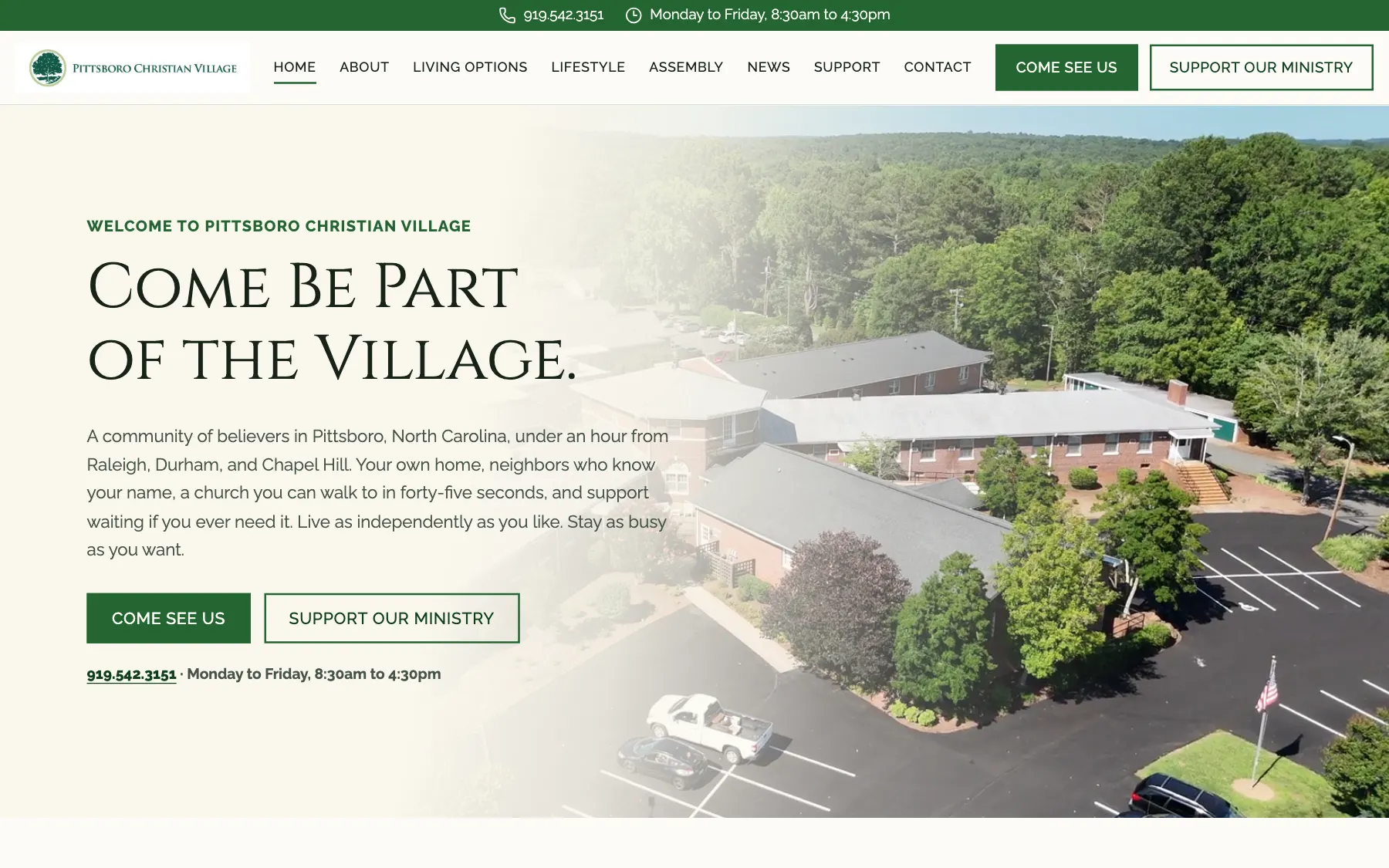 Homepage of the Pittsboro Christian Village website, designed by TheraWeb Design