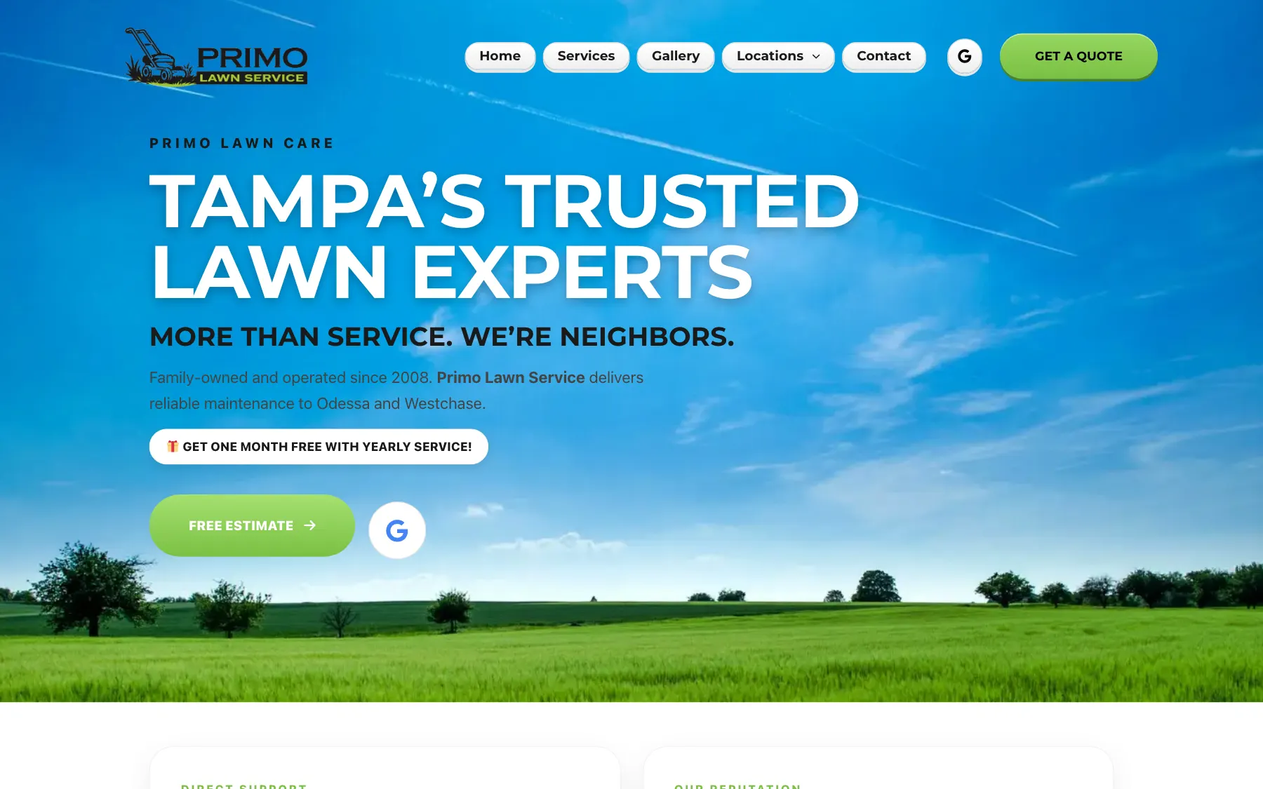 Homepage of the Primo Lawn Service website, designed by TheraWeb Design