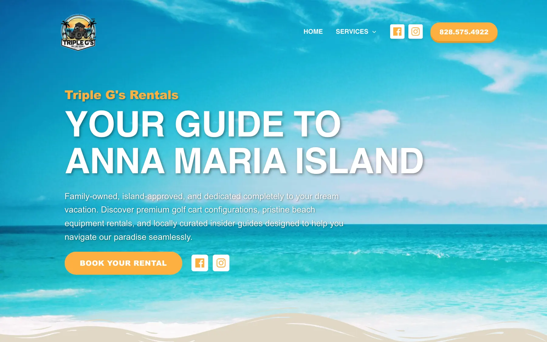 Homepage of the Triple G's Rentals website, designed by TheraWeb Design